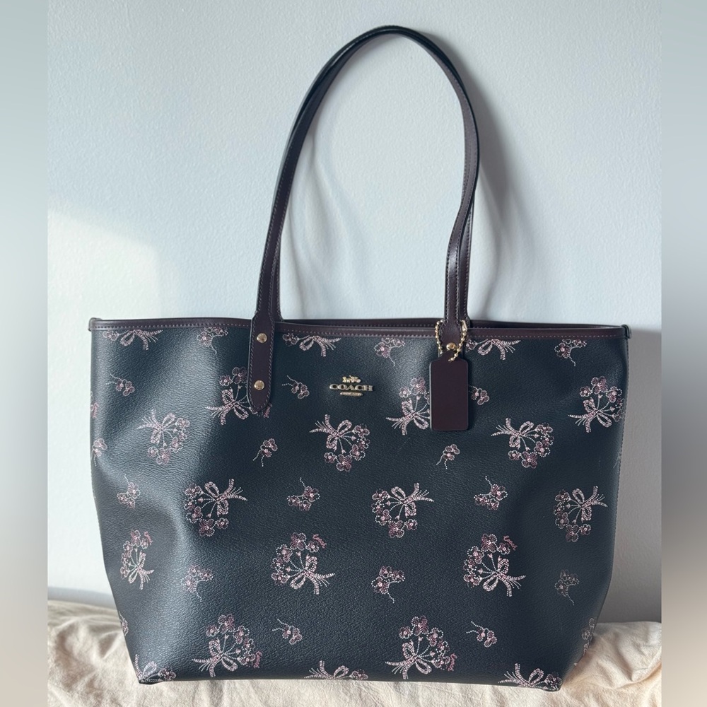 Coach Dark Tote with Pink Floral Design